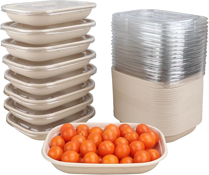 JAYEEY 28 oz Disposable salad bowls with lids, Sugarcane Fiber Paper Bowls take away food containers meal prep Plant Fiber deli container 50 Pack