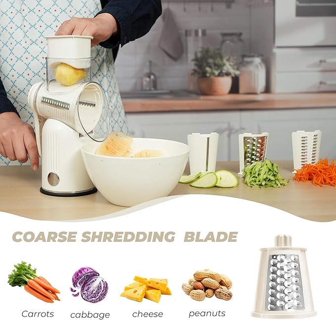 Rotary Cheese Grater Hand Crank with 5-in-1 Interchangeable Blades & Strong Suction Base Vegetables Shredder Manual Slicer for Kitchen, Cream