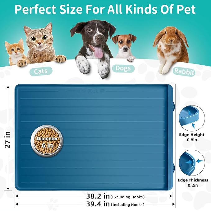 Dog Mat for Food and Water - 39.4" x 27" Large Pet Feeding Mats with Residue Collection Pocket - Waterproof Dog Cat Bowl Mat with High Edges to Prevent Water and Food Spills (Navy)