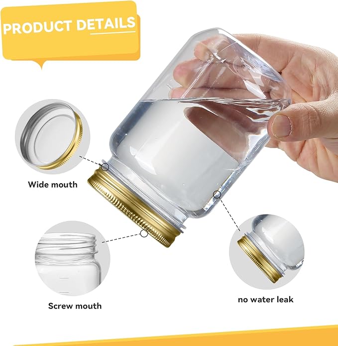 novelinks 16 oz Clear Plastic Jars with Lids, Refillable 16oz Mason Jars with Lids & Storage Containers for Kitchen & Household Use (10 Pack,Gold)