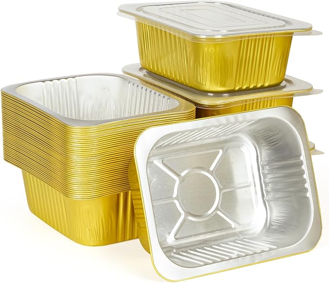 40 Pack 2.25lb 8.7"×6"×1.8" Gold Aluminum Foil Pans with Lids Heavy Duty, Foil Food Containers with Lids, Disposable Tin Foil Pans for Meal Prep, Freezer, Heating and Takeout
