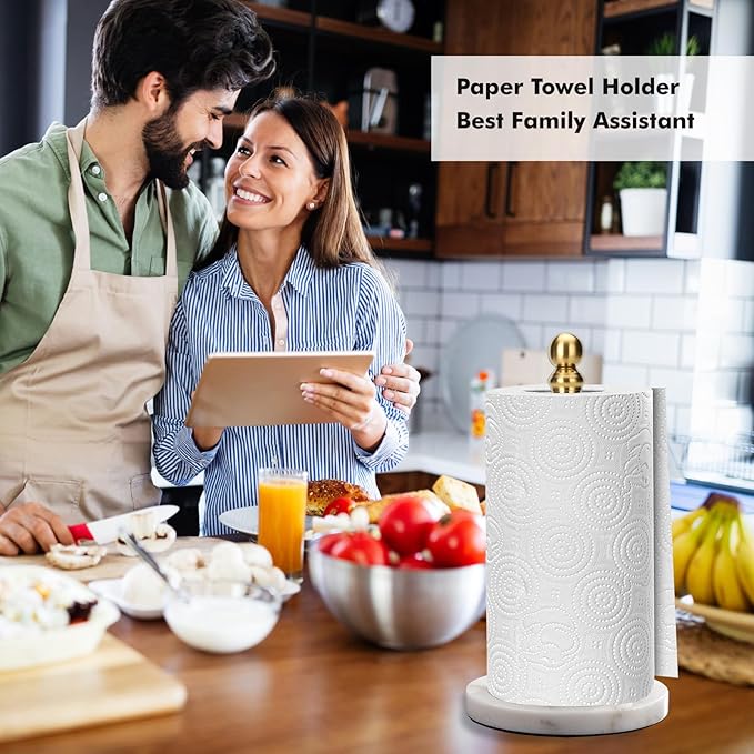 Exilon Gold Paper Towel Holder Countertop, Standing Paper Towel Roll Holder for Kitchen Bathroom, with Weighted Base for One-Handed Operation