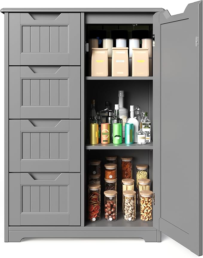 Gizoon Small Kitchen Pantry with Door and Shelves, 33'' Pantry Cabinet Freestanding Wooden Bathroom Storage Cabinet with 4 Drawers for Kitchen and Dining Room, Gray