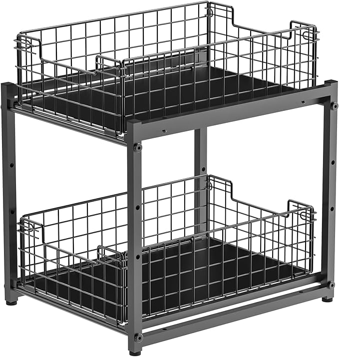 SILUB Under Sink Organizer, 2-Tier Pull Out Cabinet Organizer, Adjustable Height Bathroom Organizer and Storage, Spice Rack for Kitchen, Sliding Drawers Shelves 13.8×11×15.8 Inch (1 Pack)
