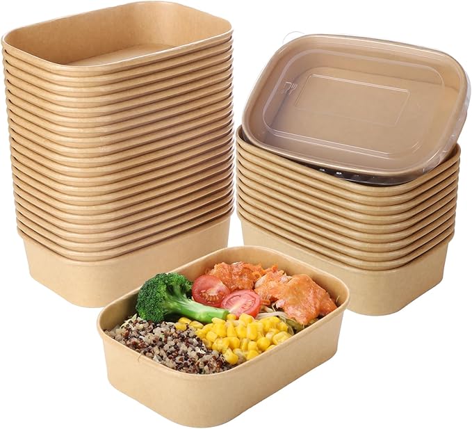 Belinlen 50 Sets 17oz Disposable Kraft Paper Bowls with Lids, Rectangle Paper Food Containers with Lids, Salad Bowls for Hot/Cold Food, Soup, Meal Prep, Ice Cream, Takeout, Party Supplies(500ml)