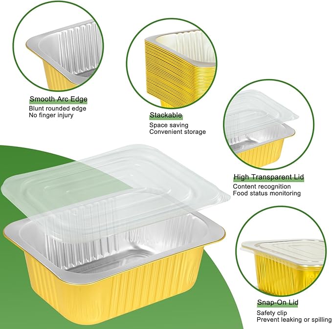 Fothwart 8.6"×6.5"×2.4" - 40 Pack 3LB/48oz Gold Aluminum Foil Pans with Lids Heavy Duty, Foil Food Containers with Lids, Tin Foil Pans for Baking, Meal Prep, Freezer, Heating and Takeout