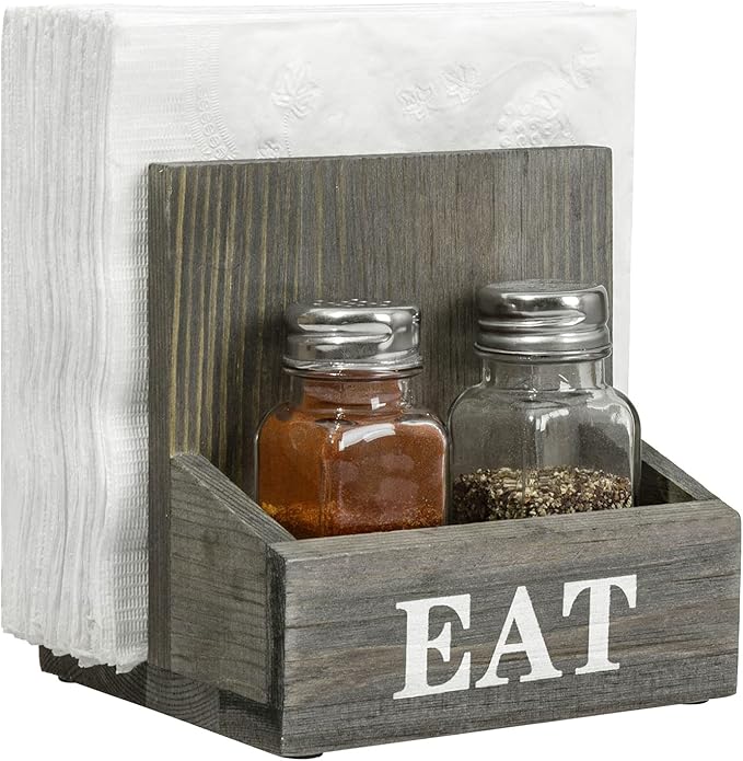 MyGift Napkin Holder with Salt and Pepper Shakers, Vintage Gray Solid Wood Table Napkin Holder, 2 Compartment Salt and Pepper Holder and Condiment Server with White EAT Label