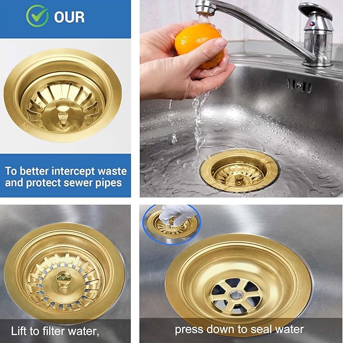 3-1/2'' ﻿Kitchen Sink Drain Kit Sink Drain Basket Sink Drain Assembly 304 Stainless Steel Sink Strainer Drain Basket Replacement Fit Standard Sink Drain Hole(Gold)