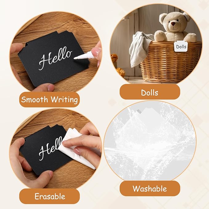 50 Pcs Basket Labels Clip on with 4 Black Chalk Markers Reusable Plastic Storage Bin Erasable Labels Kitchen Pantry PVC Tag Stickers for Fabric Cubes Basket Box Organization (White and Black)