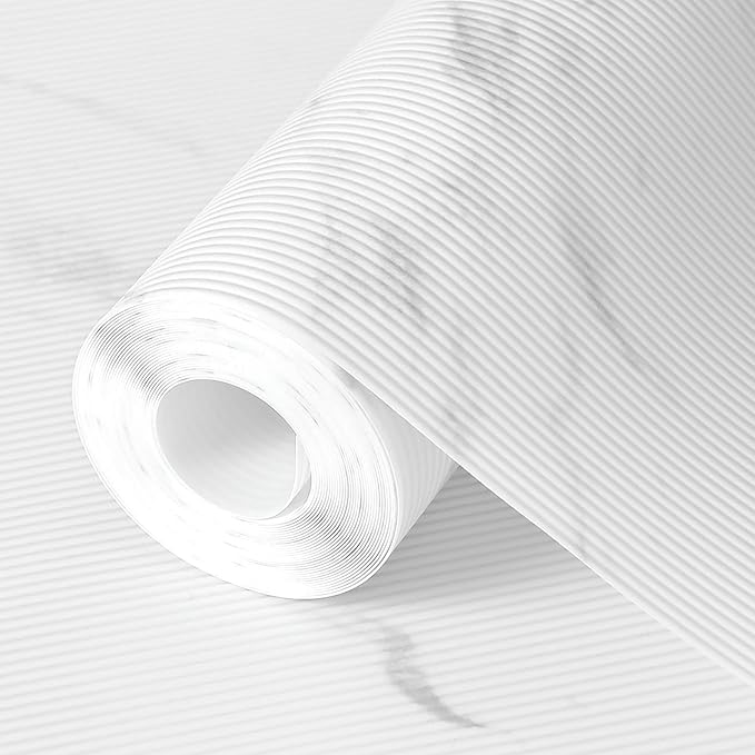Hersvin Shelf Liners 14 in x 20 ft EVA Drawer Mats, Non-Adhesive Cupboard Protector, Kitchen Cabinet Lining Fridge Liner (White Marble Stripe, 35.6x610cm)