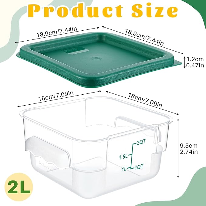 1 Pcs 2 Qt Square Food Storage Container with Lid, Clear Plastic Container with Lid and Scale in Green, Kitchen Organization Set for Home Kitchen, Restaurant Meal Prep