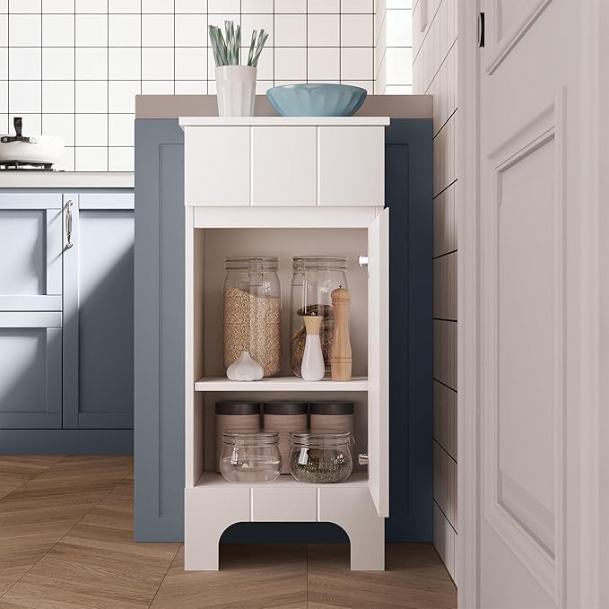 VANIRROR Small Bathroom Cabinet with Adjustable Shelves, Drawer, Anti-Tip Design, 14.96" L x 11.81" W x 32.09" H, Durable MDF for Bathroom, Kitchen, Laundry, Soft-Close Door