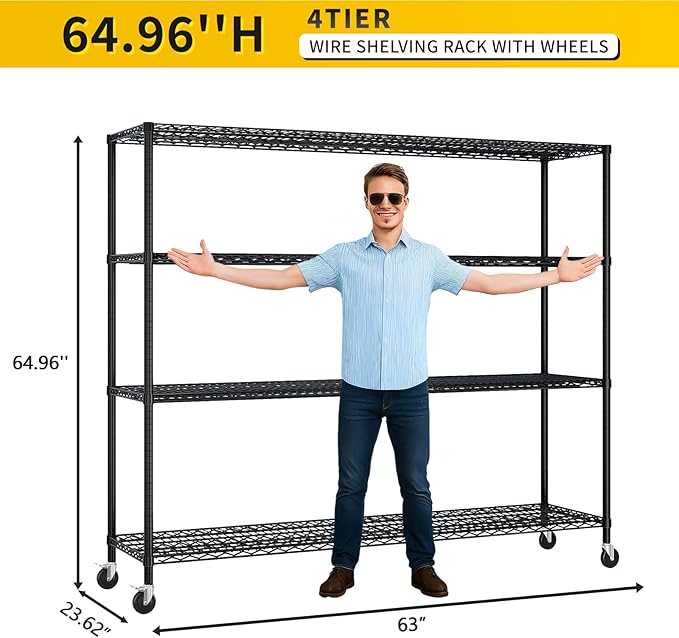 Karl home 4-Tier Metal Storage Shelves, Adjustable Wire Shelving Unit with Wheels & Leveling Feet, Heavy Duty Garage Shelving, Pantry & Kitchen Display Shelf Organizer, Home Storage Rack