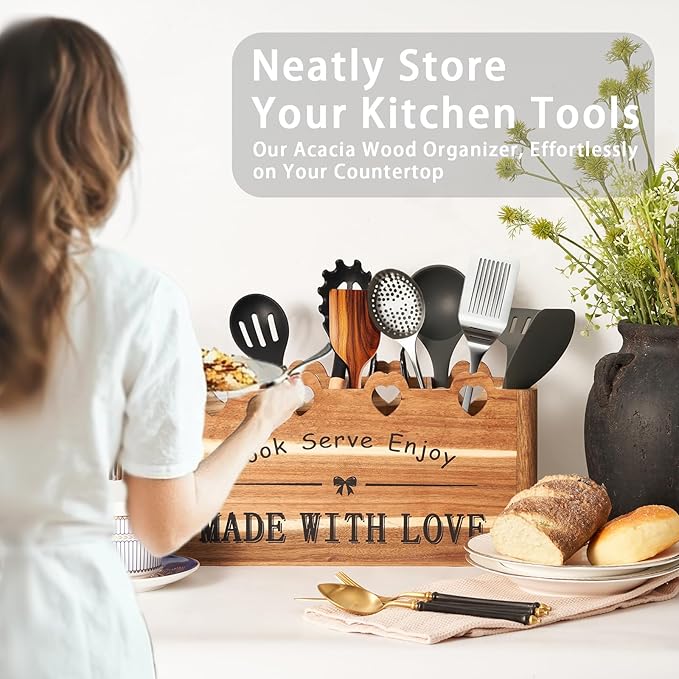 Kitchen Utensil Holder, Large Acacia Wood Organizer for Countertop | Extra Large Farmhouse Style with 4 Compartments, Rustic Wooden Storage for Cooking Tools & Cutlery