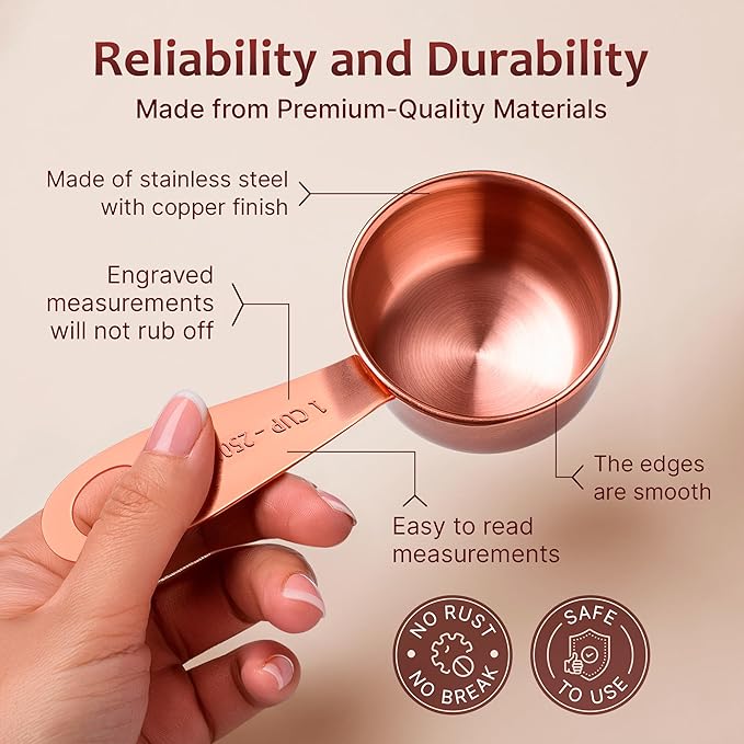 AGRUS Measuring Cups and Spoons Set of 9, Utensils for Dry and Liquid Ingredients, Copper Kitchen Accessories, Rose Copper Decor for Home, Stackable, Sturdy Stainless Steel