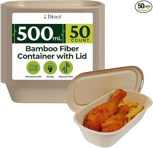 Dtocs Bamboo Fiber 500 mL Meal Prep Containers (Pack 50) | Disposable To-Go Food Containers With Lid | Microwave & Freezer Safe | Alternative to Glass Food Storage Box