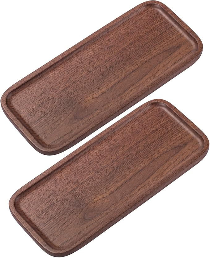 Vandroop Wood Serving Tray, Small Trays for Storage, Rectangle Wooden Plates for Serving Food, Tea and Coffee, Decorative Vanity Tray for Bathroom, Tray for Kitchen Counter(Set of 2, Walnut)