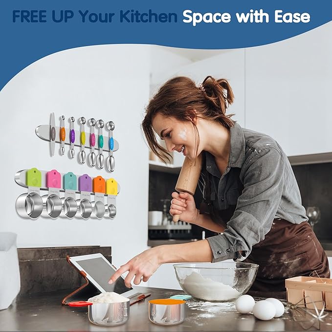 Minteem Magnetic Measuring Cups and Spoons Set, 5 Nesting Stainless Steel Measuring Cup Set with Easy to Read Markings, 7 Magnetic Measuring Spoons & 1 Leveler for Measuring Dry or Liquid Ingredients