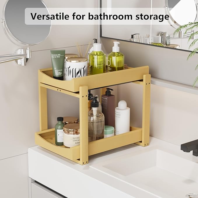 Bamboo Under Sink Organizer Adjustable Height 2 Tier Bathroom Organizer Pull Out Cabinet Storage Kitchen Heave Duty Wood Slide Ou Shelf for Kitchen Bathroom (Nature, 1 Pack)
