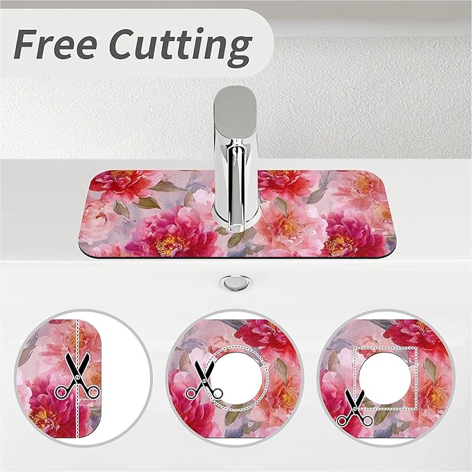 Kitchen Sink Splash Guard，vibrant watercolor peonies Faucet Mat Sink Gadgets-Super Absorbent Fast Drying Mat Drip Catcher for Kitchen, Bathroom,Sink Mat, Dish Drying Mat, Bathroom(15" X 5.5" )