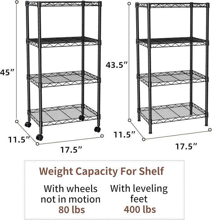 SINGAYE 4 Small Shelves Storage Shelf Wire Shelving Unit Metal Shelf Adjustable Organizers Storage Shelving with Wheels for Bathroom Laundry Room Kitchen Pantry11.5”D x 17.5”W x 30.5”H Black