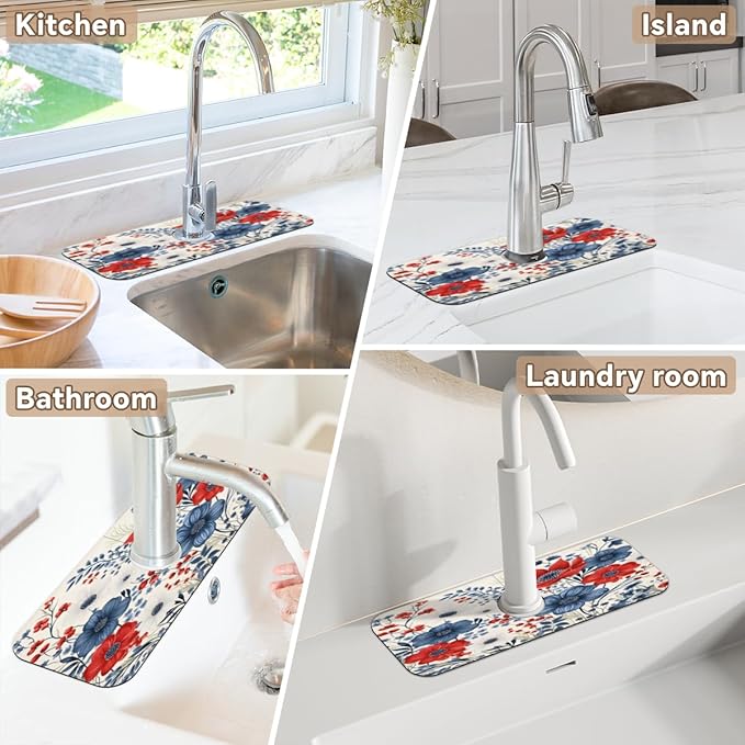 Patriotic Bloom Burst Kitchen Faucet Mat Splash Guard, 15.4”x5.7” Absorbent Quick Drying Sink Mat for Countertop Protection, Draining Mat Sink Protectors For Kitchen Bathroom, 1 Pack