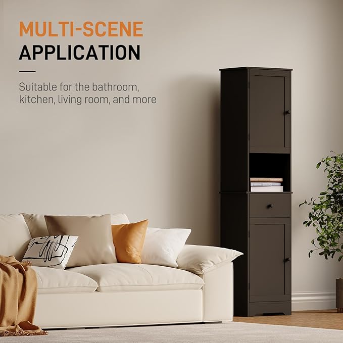 Viaozutis Tall Bathroom Cabinet, Storage Cabinet with 2 Doors & 2Drawer, with Ajustable Shelve, for Bathrooms, Kitchens,Entrances,Bedrooms（Black）