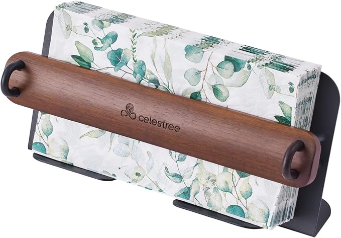 Celestree Unique Guest Towel Holder for Bathroom & Table - Modern Metal Napkin Dispenser with Walnut Weighted Arm, Rectangular Disposable Hand Towels Tray for Kitchen Steak Dinner, Vanity, Picnic
