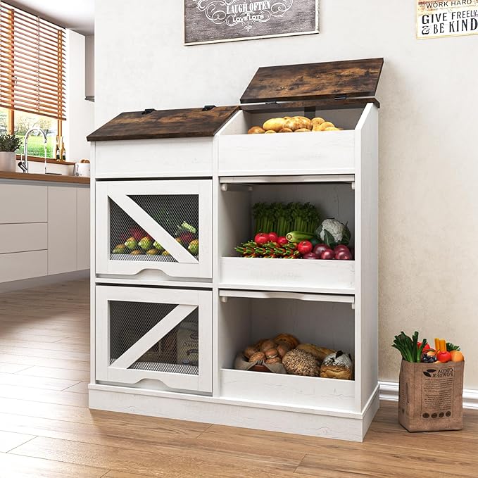 Potato Storage Bin Bread Box with Lid,Rustic Onion&Fruit Organizer with Wood Hidden Door,Farmhouse Grocery Section Decorative,Vegetable Organization Cabinet W/Mesh Door for Kitchen Dining Room(White)