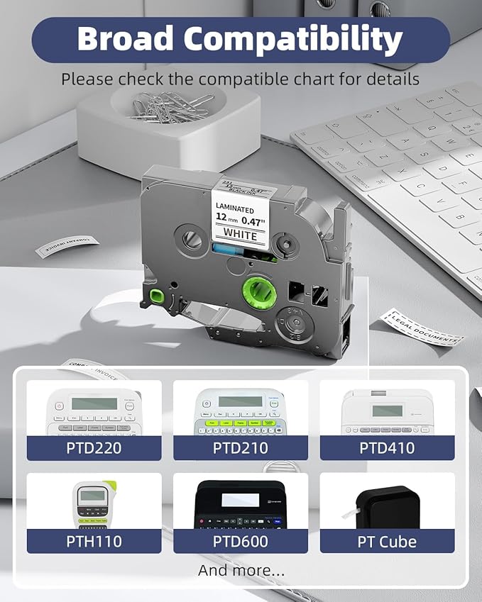 PTD210 PT-E560BTVP E110 E310BTVP E510VP Label Tape 12mm 0.47" Replacement for Brother TZe-231 TZe231 P Touch Label Maker Tape 12 mm Laminated TZe TZ Black on White Ptouch Refills 1/2 Inch, 8-Pack