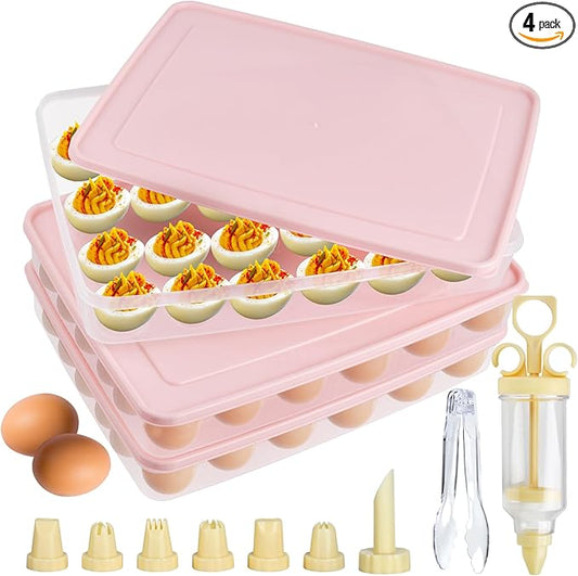 3 Pcs 72 Count Deviled Egg Containers with Lid, Portable Storage Carrier Egg Holder with Deviled Egg Injector, Stackable Deviled Egg Tray Plastic Egg Organizer for Fridge Easter Party