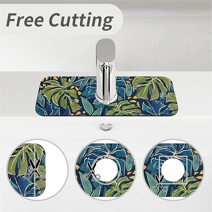 Kitchen Sink Splash Guard，Large tropical leaves Faucet Mat Sink Gadgets-Super Absorbent Fast Drying Mat Drip Catcher for Kitchen, Bathroom,Sink Mat, Dish Drying Mat, Bathroom(15" X 5.5" )