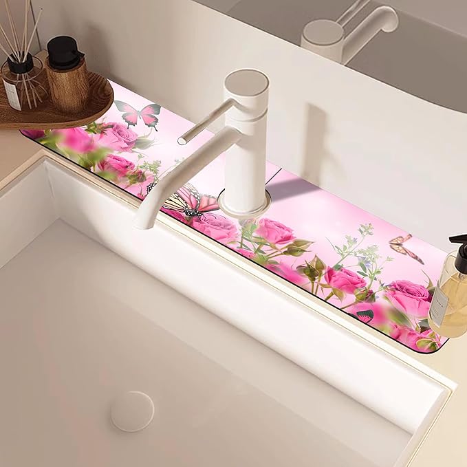 Pink Rose Bouquet Butterfly Kitchen Sink Splash Guard Mat Absorbent Fast Drying Mat Faucet Draining Mat Sink Splash Guard Behind Faucet Drip Catcher for Kitchen Bathroom 5.5"×24"