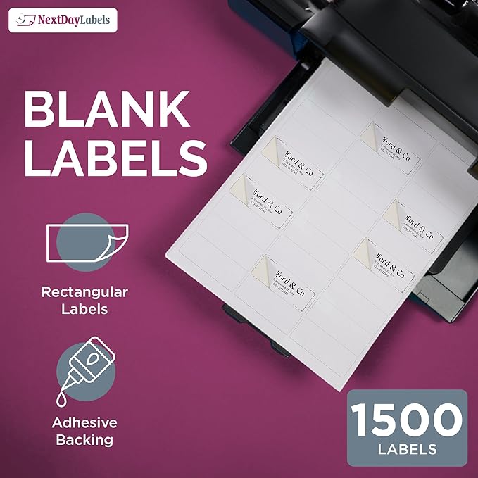 NextDayLabels 2.63x1 Inch Rectangle Stickers White Blank Labels for Laser Inkjet Printer - 30 Per Sheet Self-Adhesive Address Mailing Name Tags Made in USA - 7,500 Labels