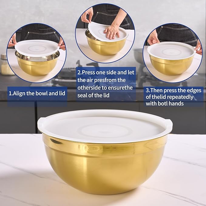 Moxinox Gold Mixing Bowls with Airtight Lids, Stainless Steel Nesting Mixing Bowls Set of 5, Ideal for Baking, Prepping and Serving Food, Size 5.5, 3.6, 2.7, 2.1, 1.5, QT, Stackable Design
