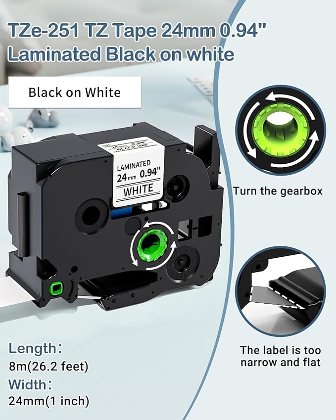 24mm 0.94 Laminated White Tape Replace for Brother Label Maker Tape TZe-251 Compatible with P-Touch TZ TZe 1" Black on White TZE251 for PT-D600 PT-D610BT PT-P710BT PTP700 Refills, Markdomain, 6-Pack