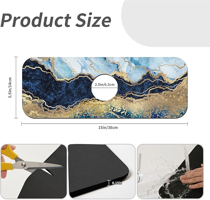 Kitchen Sink Splash Guard，Blue white black and gold marble Faucet Mat Sink Gadgets-Super Absorbent Fast Drying Mat Drip Catcher for Kitchen, Bathroom,Sink Mat, Dish Drying Mat, Bathroom(15" X 5.5" )