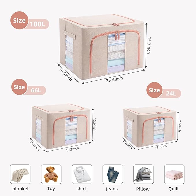 GuliPostan 100L Stackable Clothes Storage Bins with Metal Frame Handles & Zipper, Collapsible Closet Organizer Box with Lid for Bedding Blankets Towel (Beige,1 pack)
