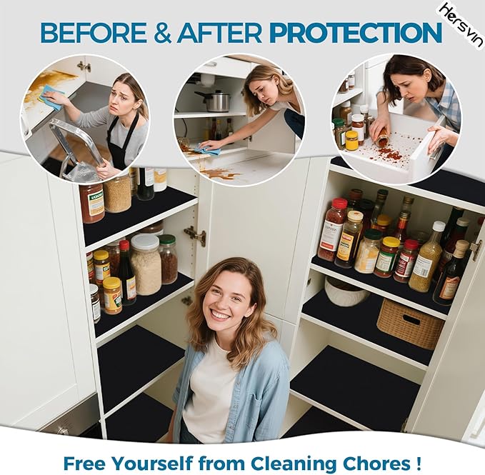 Hersvin Shelf Liners, 12 in x 20 ft Kitchen Drawer Mats, Non-Adhesive EVA Cupboard Protector, Cabinet Lining (Black Dot)