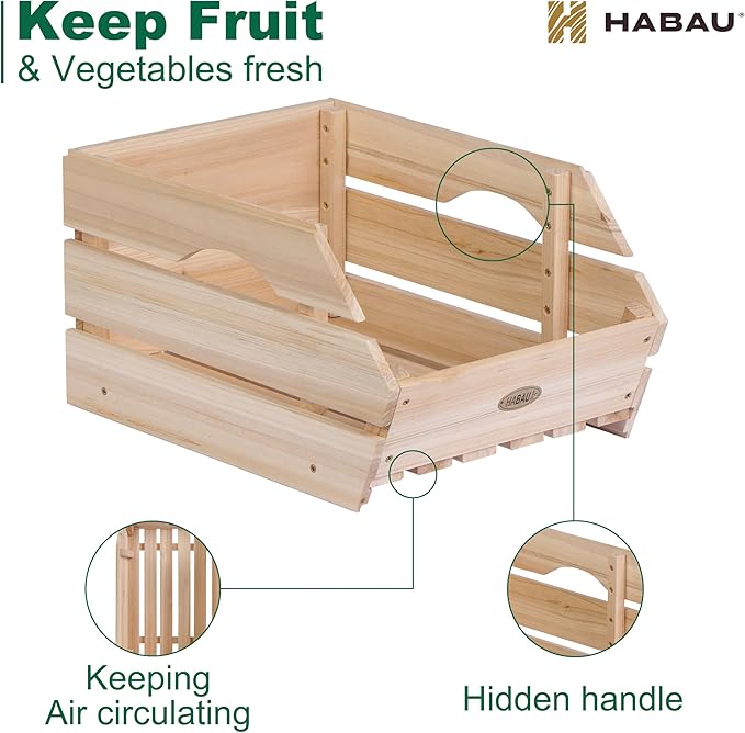 Wood Potato Onion Storage Bins - Wooden Stackable Produce Basket - Fruit Vegetable Storage for Kitchen Pantry Organization, Set 3 Pieces