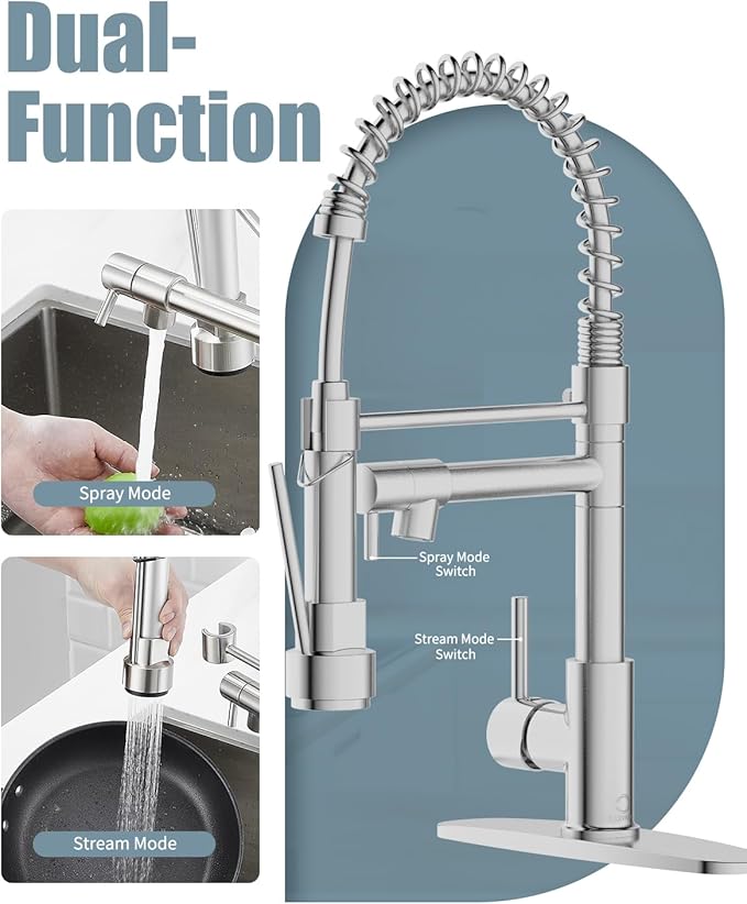 Kitchen Faucet with Soap Dispenser,Single Handle Faucet for Camper Farmhouse RV Kitchen Sink,Spring Kitchen Sink Faucets with Pull Down Sprayer and Deck Plate,Dual Function Spray Head,Brushed Nickel