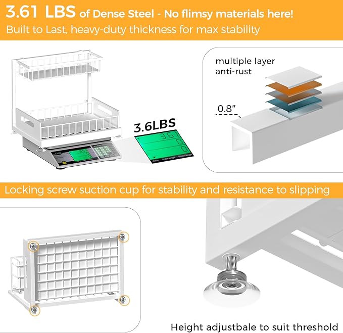 Under Sink Organizer Storage 2-Tier Premium Metal Pull-Out Kitchen Cabinet Organizer with Sliding Drawer, Height Adjustable, Heavy Duty for Kitchen & Bathroom Organizers 1 Pack White