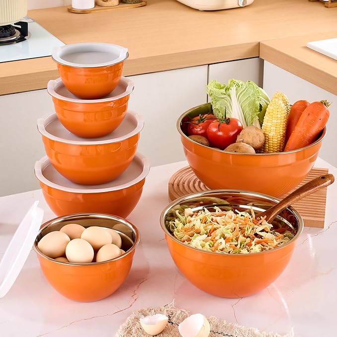 Moxinox Orange Mixing Bowls with Airtight Lids, Stainless Steel Nesting Mixing Bowls Set of 7, Ideal for Baking, Prepping and Serving Food, Size 7, 3.6, 2.7, 2.1, 1.5, 1.1,0.8 QT, Stackable Design