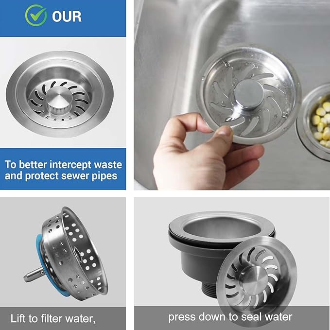 3-1/2 ‘’Kitchen Sink Drain Assembly Kit 304 Stainless Steel Sink Strainer Drain Basket Replacement with Sink Stopper Sealing Lid for Kitchen Bathroom Drain Kit