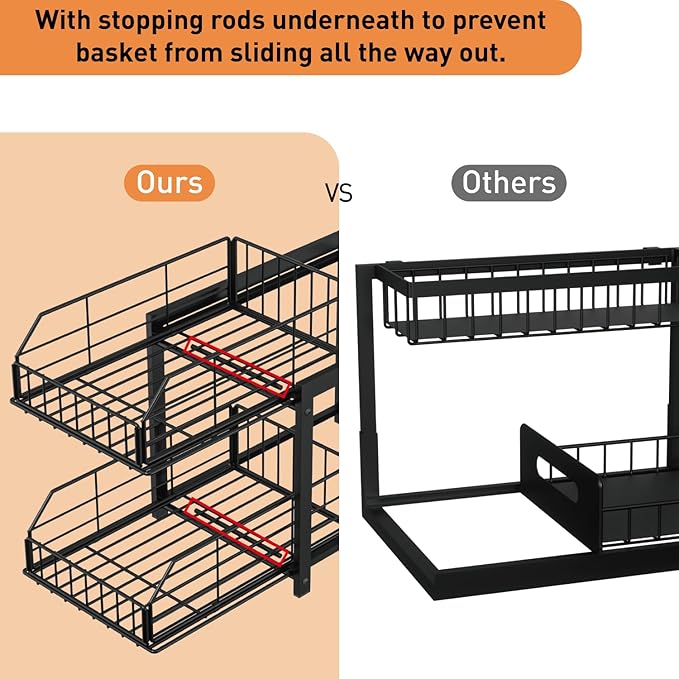 Lxmons 2 Tier Sliding Basket Drawer Organizer, Pull Out Under Sink Cabinets Organizers, Metal Home Shelf for Bathroom or Kitchen, Sliding Countertop or Pantry Storage Shelf, Black