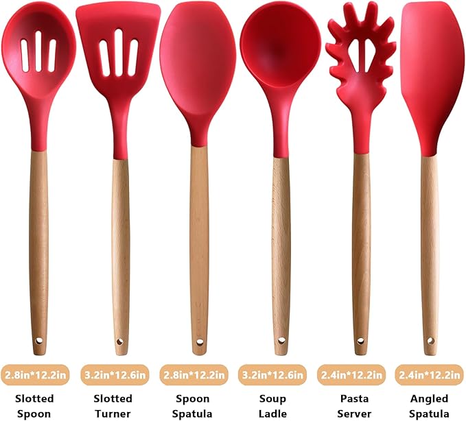 IOCBYHZ Kitchen Cooking Utensils Set 6Pcs Heat Resistant Silicone Kitchen Utensils Spatula Spoon Turner Ladle w Wooden Handle, BPA FREE Silicone Cooking Tool Gadget Set for Nonstick Cookware & Baking