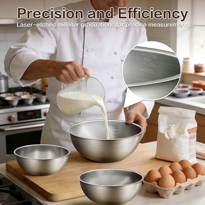 Gronivex 3-Piece Stainless Steel Mixing Bowls Set, 2.4, 3.2 & 4.9 Qt with Measurement Marks, Food Grade 304, Dishwasher Safe & Stackable for Baking, Tossing Salads, and Meal Prep for Your Kitchen
