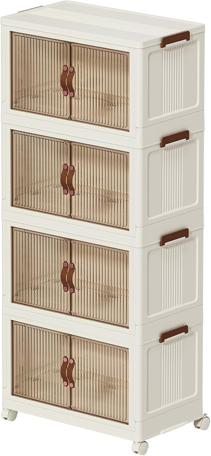 Collapsible Storage Bins with Lids - Stackable Plastic Closet Organizers for Clothes, and Home Organization White (4 rack, 30 Gal/rack)