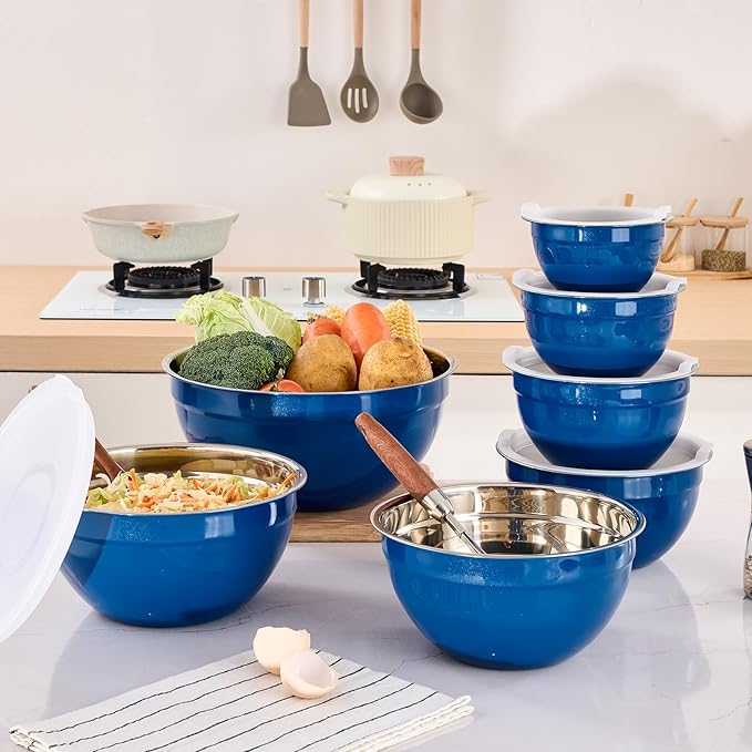Moxinox Blue Mixing Bowls with Airtight Lids, Stainless Steel Nesting Mixing Bowls Set of 7, Ideal for Baking, Prepping and Serving Food, Size 7, 3.6, 2.7, 2.1, 1.5, 1.1,0.8 QT, Stackable Design