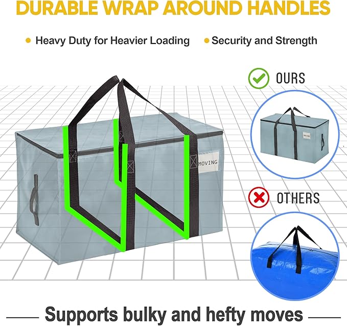 VENO 4 Pack Moving Bags, Upgraded Heavy Duty, Moving Boxes Alternative, Packing Storage Supplies for Dorm Room Essentials with Zipper for Clothes, Large Totes for Packaging (Light Blue, 4 Pack)